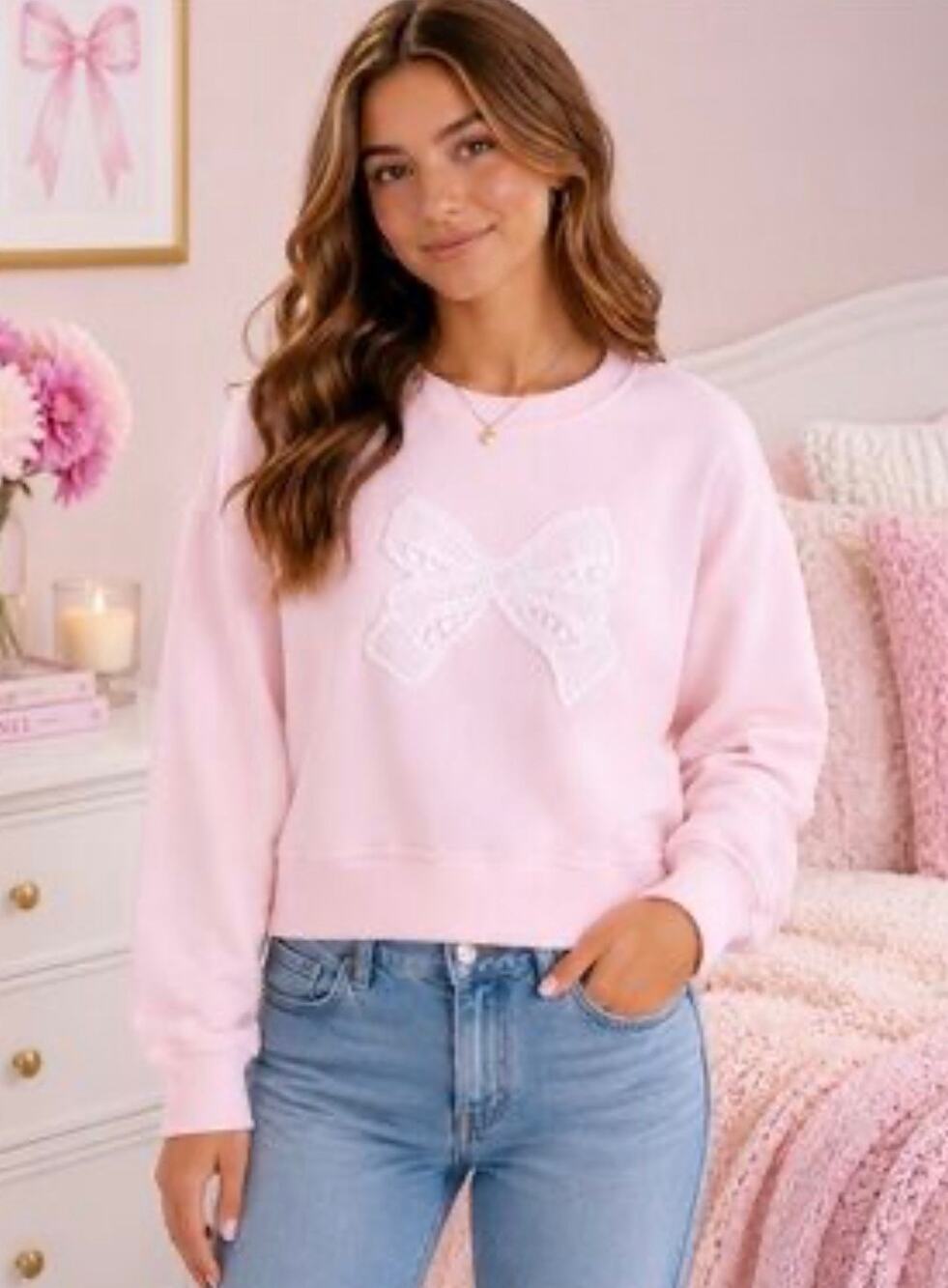 LoveShackFancy Ella French Terry Bow Appliqué Sweatshirt Pink Girls’ Large NWT